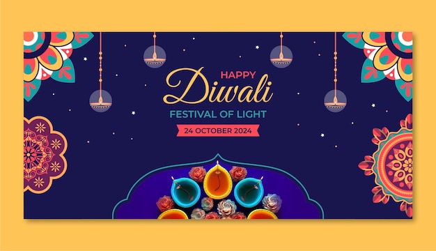 Vector gratuito plantilla de banner horizontal plano para la celebración del festival hindú de diwali