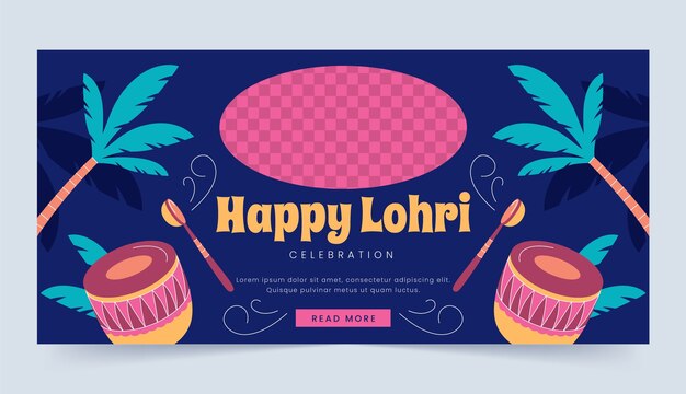 Plantilla de banner horizontal plano para la celebración del festival lohri con hojas y tambores