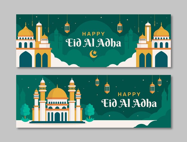 Plantilla de banner horizontal plano para la celebración islámica de eid al-adha