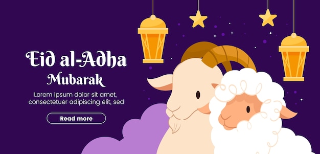 Plantilla de banner horizontal plano para la celebración islámica de eid al-adha