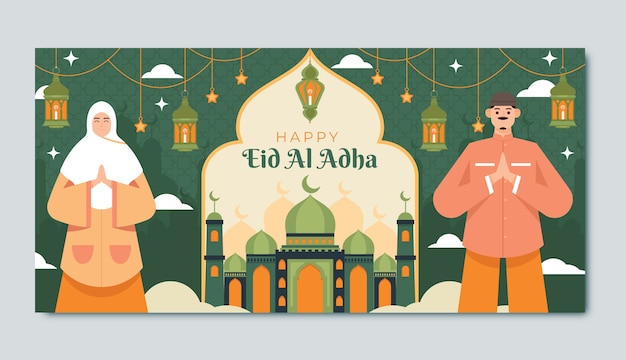 Plantilla de banner horizontal plano para la celebración islámica de eid al-adha