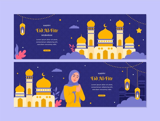 Plantilla de banner horizontal plano para la celebración islámica de eid al-fitr