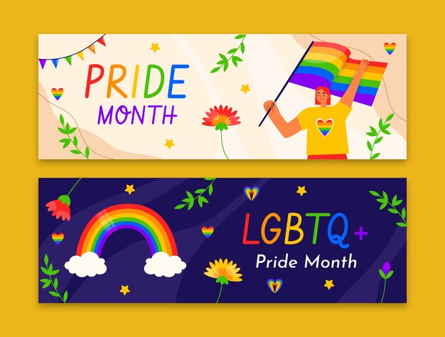 Plantilla de banner horizontal plano para la celebración del mes del orgullo