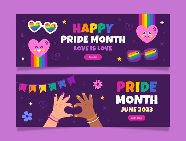 Plantilla de banner horizontal plano para la celebración del mes del orgullo