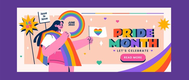 Plantilla de banner horizontal plano para la celebración del mes del orgullo
