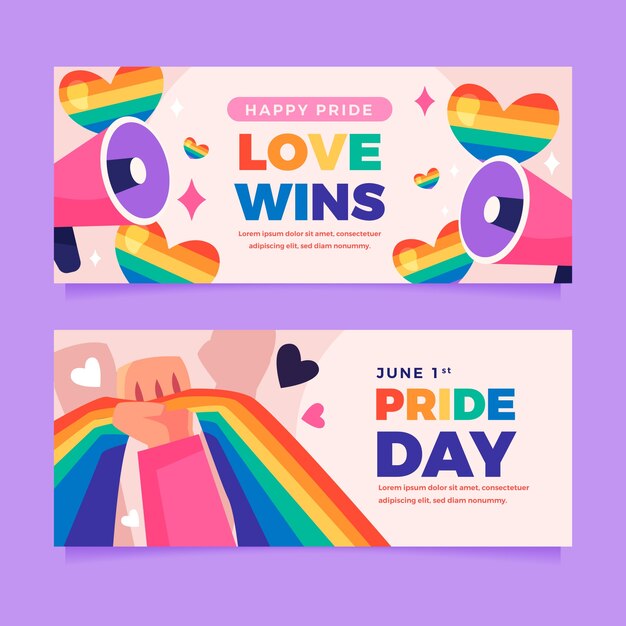 Plantilla de banner horizontal plano para la celebración del mes del orgullo
