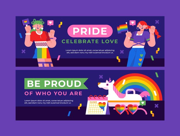 Plantilla de banner horizontal plano para la celebración del mes del orgullo