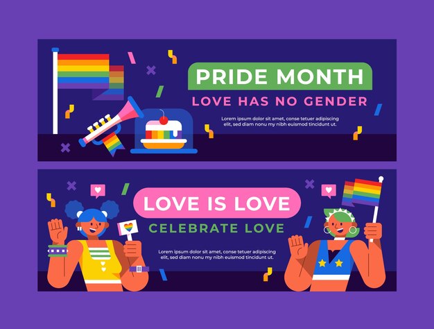 Plantilla de banner horizontal plano para la celebración del mes del orgullo