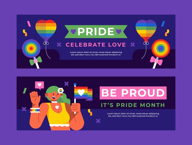 Plantilla de banner horizontal plano para la celebración del mes del orgullo