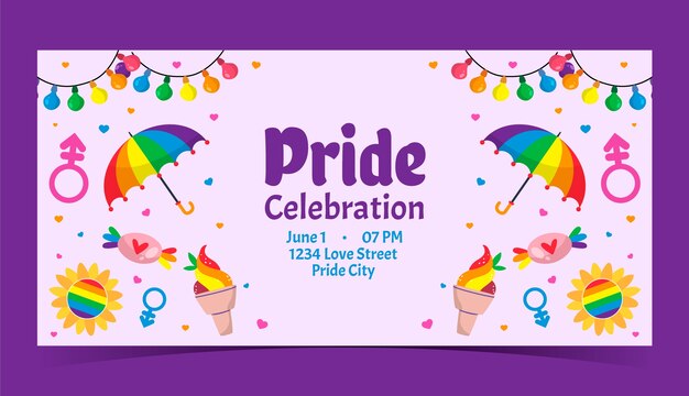 Plantilla de banner horizontal plano para la celebración del mes del orgullo