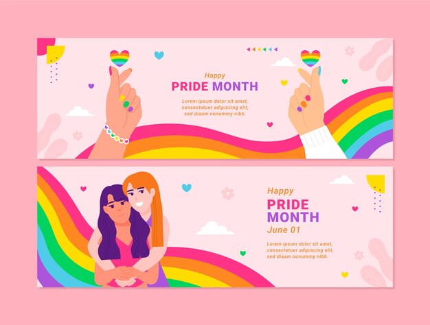 Plantilla de banner horizontal plano para la celebración del mes del orgullo