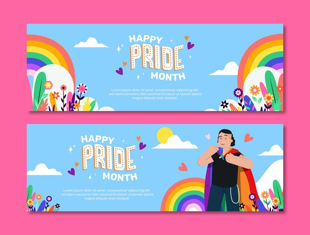 Plantilla de banner horizontal plano para la celebración del mes del orgullo