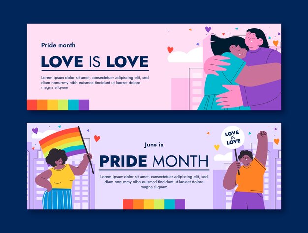 Plantilla de banner horizontal plano para la celebración del mes del orgullo