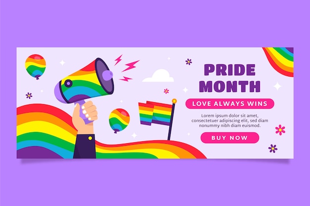 Plantilla de banner horizontal plano para la celebración del mes del orgullo