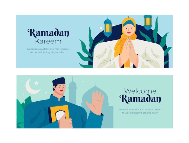 Vector gratuito plantilla de banner horizontal plano para la celebración del ramadán islámico