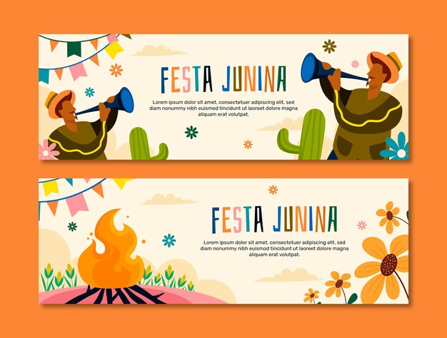 Plantilla de banner horizontal plano para celebraciones de festas juninas brasileñas