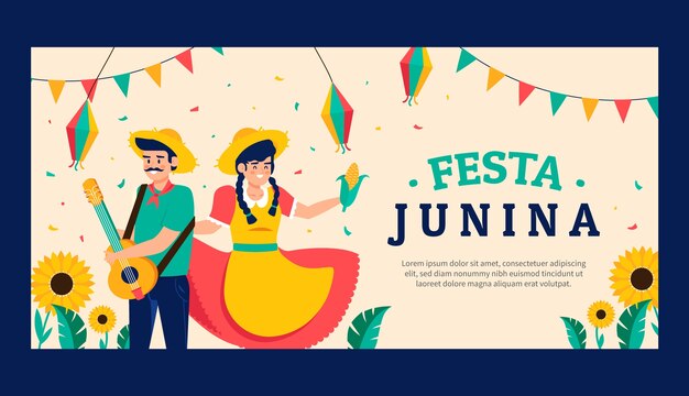 Plantilla de banner horizontal plano para celebraciones de festas juninas brasileñas