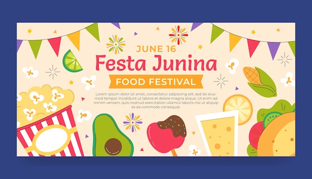 Plantilla de banner horizontal plano para celebraciones de festas juninas brasileñas