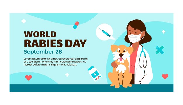 Plantilla de banner horizontal plano para la concientización sobre el día mundial de la rabia