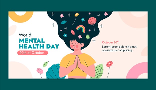 Plantilla de banner horizontal plano para la concientización sobre el día mundial de la salud mental