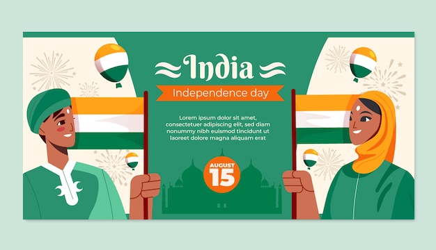 Vector gratuito plantilla de banner horizontal plano del día de la independencia de la india con personas con banderas