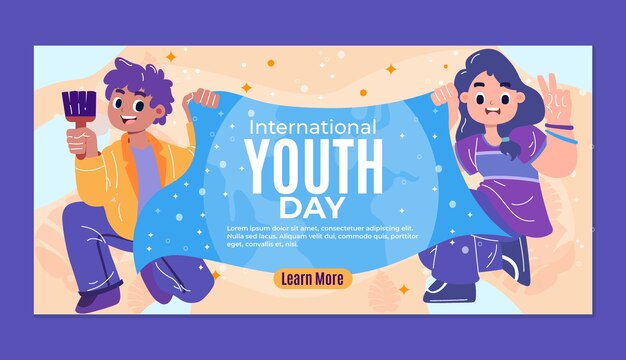 Plantilla de banner horizontal plano del día internacional de la juventud