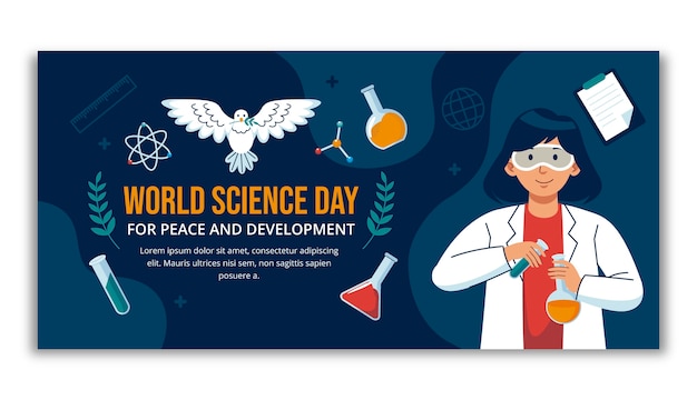 Plantilla de banner horizontal plano del día mundial de la ciencia