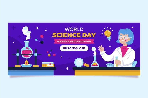 Plantilla de banner horizontal plano del día mundial de la ciencia