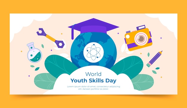 Plantilla de banner horizontal plano para el día mundial de las habilidades juveniles