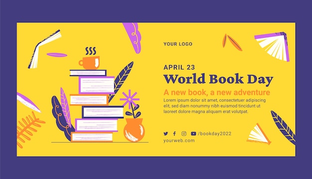 Vector gratuito plantilla de banner horizontal plano del día mundial del libro