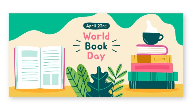 Plantilla de banner horizontal plano del día mundial del libro