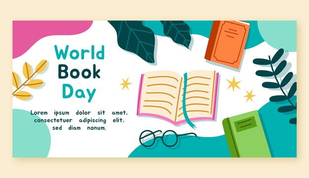 Plantilla de banner horizontal plano del día mundial del libro