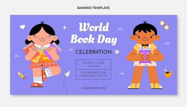 Vector gratuito plantilla de banner horizontal plano del día mundial del libro