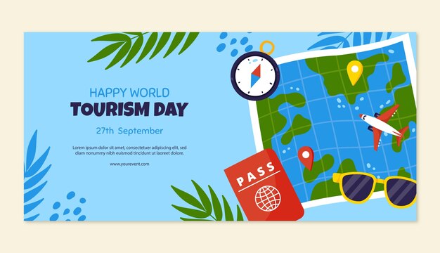 Plantilla de banner horizontal plano para el día mundial del turismo