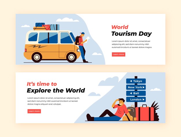 Plantilla de banner horizontal plano para el día mundial del turismo