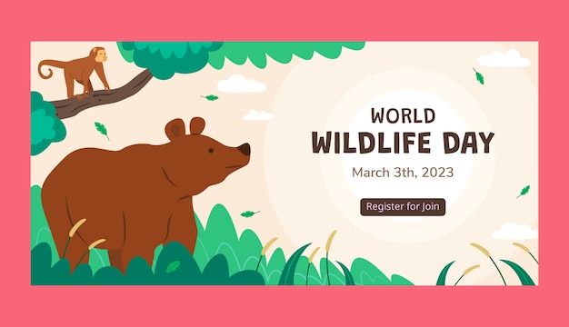 Vector gratuito plantilla de banner horizontal plano del día mundial de la vida silvestre con fauna y flora