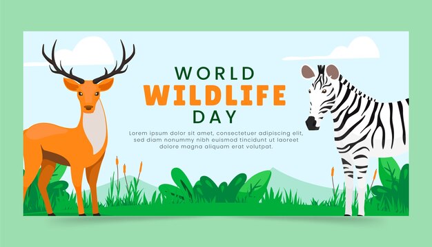 Plantilla de banner horizontal plano del día mundial de la vida silvestre con fauna y flora