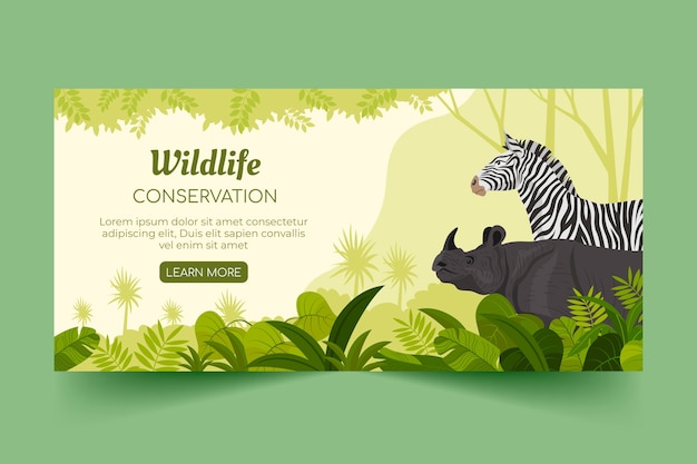Plantilla de banner horizontal plano del día mundial de la vida silvestre con fauna y flora