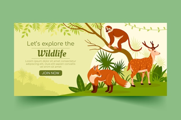 Plantilla de banner horizontal plano del día mundial de la vida silvestre con fauna y flora