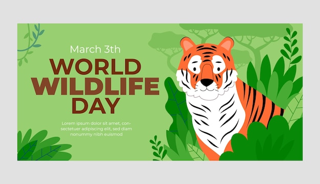 Vector gratuito plantilla de banner horizontal plano del día mundial de la vida silvestre con fauna y flora