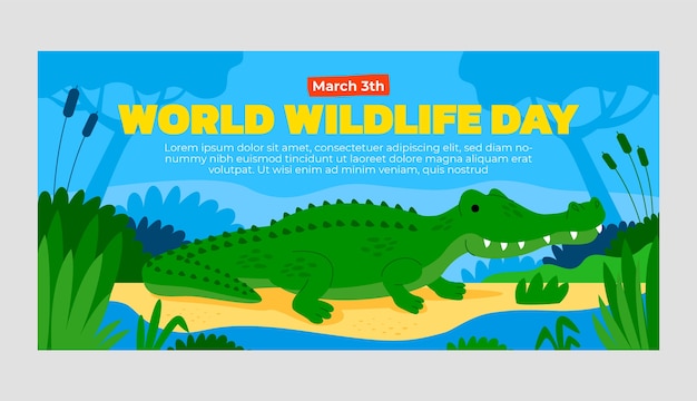 Vector gratuito plantilla de banner horizontal plano del día mundial de la vida silvestre con fauna y flora