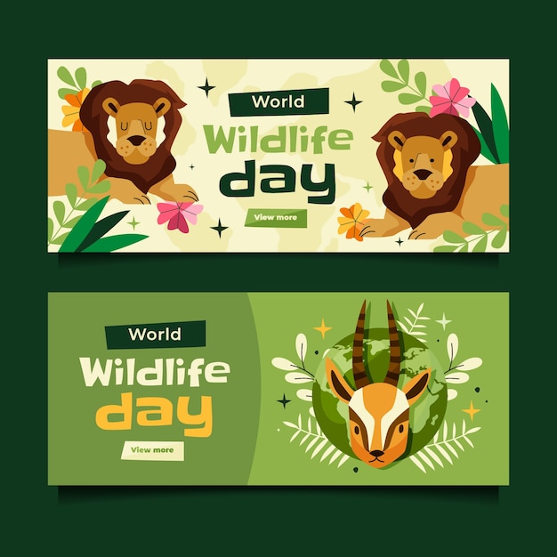 Vector gratuito plantilla de banner horizontal plano para el día mundial de la vida silvestre con flora y fauna