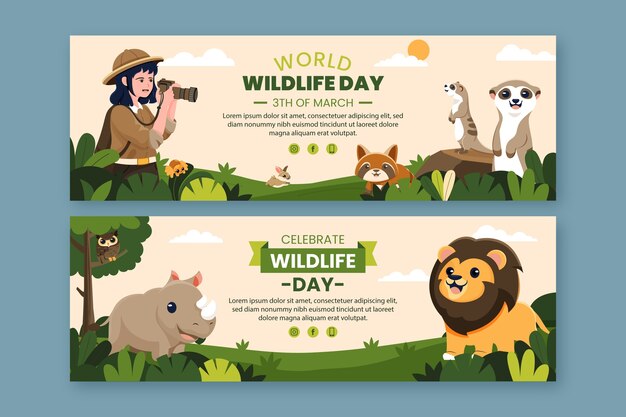Plantilla de banner horizontal plano para el día mundial de la vida silvestre con flora y fauna