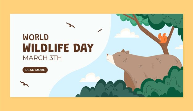 Plantilla de banner horizontal plano para el día mundial de la vida silvestre con flora y fauna