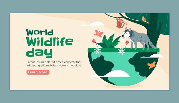 Plantilla de banner horizontal plano para el día mundial de la vida silvestre con flora y fauna