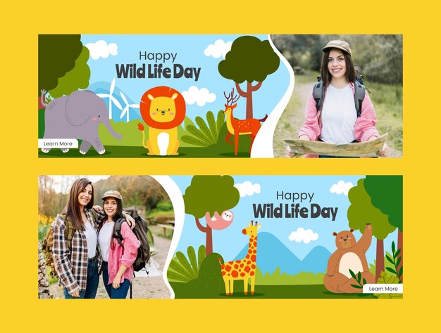 Plantilla de banner horizontal plano para el día mundial de la vida silvestre
