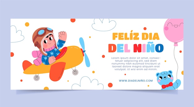 Plantilla de banner horizontal plano del día del niño en español