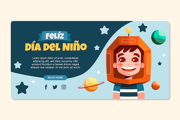 Plantilla de banner horizontal plano del día del niño en español