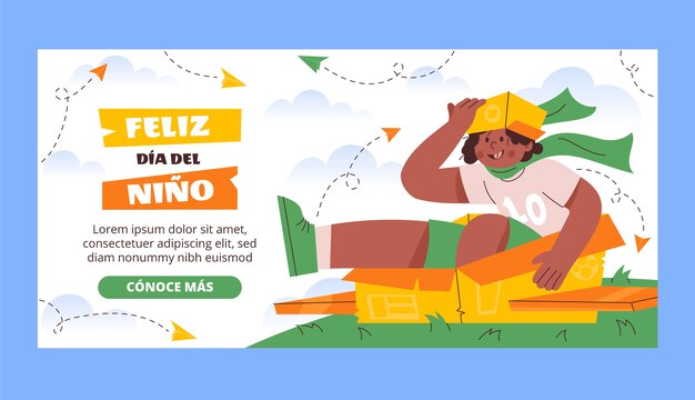 Plantilla de banner horizontal plano del día del niño en español