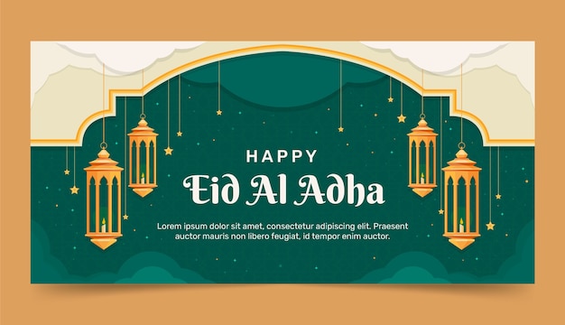 Plantilla de banner horizontal plano eid al-adha con linternas